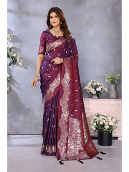 Mysilklove - Wine Woven Banarasi Saree with Unstitched Blouse