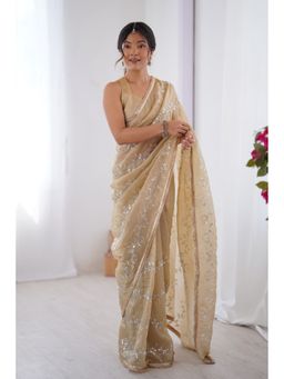 Mysilklove - Almond Cream Designer Saree with Unstitched Blouse