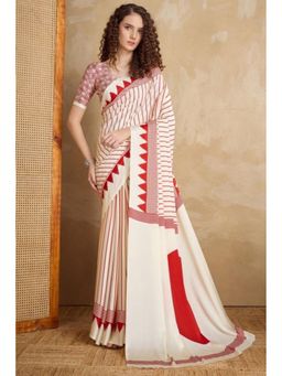 Mysilklove - Beige and Red Ajrakh Printed Satin Crepe Silk Saree with Unstitched Blouse