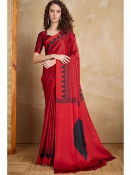 Mysilklove - Pomegranate Red Ajrakh Printed Satin Crepe Silk Saree with Unstitched Blouse