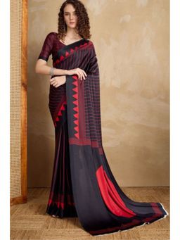 Mysilklove - Retro Black Ajrakh Printed Satin Crepe Silk Saree with Unstitched Blouse