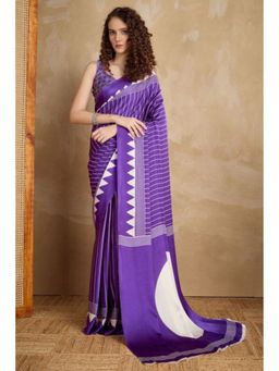 Mysilklove - Ferra Purple Ajrakh Printed Satin Crepe Silk Saree with Unstitched Blouse