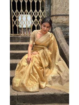 Mysilklove - Metallic Gold Handloom Tissue Saree with Unstitched Blouse