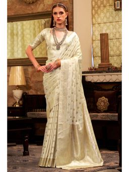 Mysilklove - Pearl Cream Woven Banarasi Satin Soft Silk Saree with Unstitched Blouse