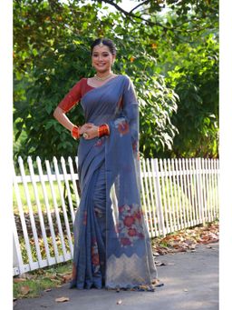 Mysilklove - Zing Blue Woven Muga Cotton Saree with Unstitched Blouse
