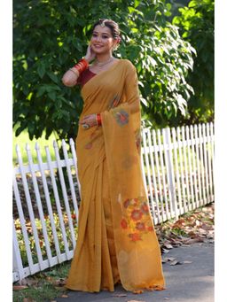 Mysilklove - Daylily Yellow Woven Muga Cotton Saree with Unstitched Blouse