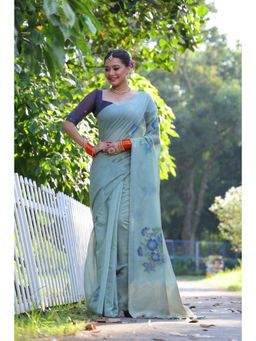 Mysilklove - Blue Daisy Woven Muga Cotton Saree with Unstitched Blouse