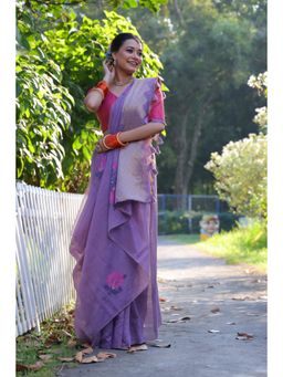 Mysilklove - Clematis Purple Woven Muga Cotton Saree with Unstitched Blouse