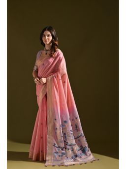 Mysilklove - Carnation Pink Woven Muga Cotton Saree with Unstitched Blouse