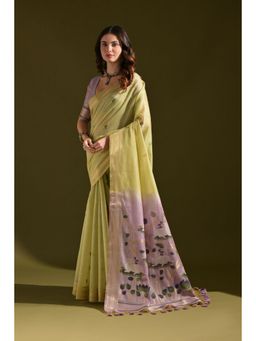 Mysilklove - Pulpit Green Woven Muga Cotton Saree with Unstitched Blouse