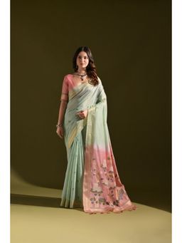 Mysilklove - Calla Lily Green Woven Muga Cotton Saree with Unstitched Blouse