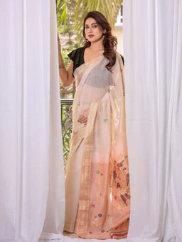 Mysilklove - Wheat Cream and Peach Woven Muga Cotton Saree with Unstitched Blouse