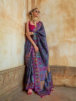 Elora - Blue Poly Viscose Silk Floral Printed Pashmina Saree With Paisley Design Border