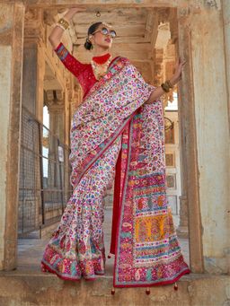 Elora - White Poly Viscose Silk Floral Printed Pashmina Saree With Paisley Design Border