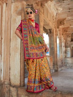 Elora - Orange Poly Viscose Silk Floral Printed Pashmina Saree With Paisley Design Border
