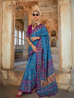 Elora - Royal Blue Poly Viscose Silk Floral Printed Pashmina Saree With Paisley Design Border