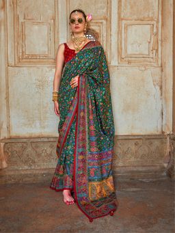 Elora - Dark Green Poly Viscose Silk Floral Printed Pashmina Saree With Paisley Design Border