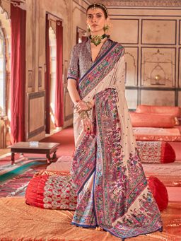 Elora - Cream Poly Viscose Silk Polka Dot Banarasi Saree With Blue Woven Design Border