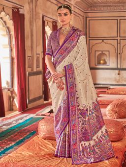 Elora - Cream Poly Viscose Silk Polka Dot Banarasi Saree With Purple Woven Design Border