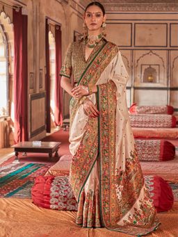 Elora - Cream Poly Viscose Silk Polka Dot Banarasi Saree With Dark Green Woven Design Border