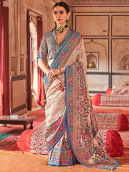 Elora - Cream Poly Viscose Silk Polka Dot Banarasi Saree With Aqua Blue Woven Design Border