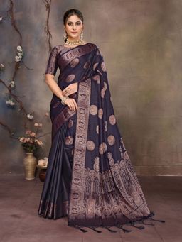 Elora - Navy Blue Fendi Satin Silk Banarasi Jacquard Butta Work Woven Saree with Unstitched Blouse
