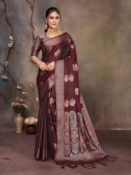 Elora - Wine Fendi Satin Silk Banarasi Jacquard Butta Work Woven Saree with Unstitched Blouse