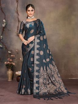 Elora - Teal Blue Fendi Satin Silk Banarasi Jacquard Butta Work Woven Saree with Unstitched Blouse