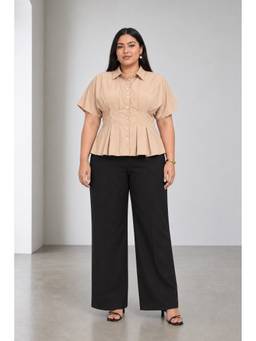 Beyond the Curve - VIRGIO - Beige Solid Cotton Pleated Button Down Plus Size Shirt
