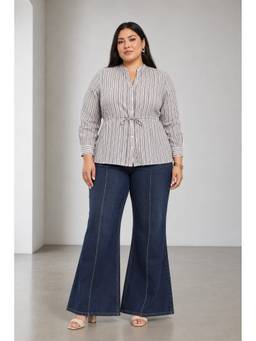 Beyond the Curve - VIRGIO - Grey Striped Cotton Plus Size Shirt