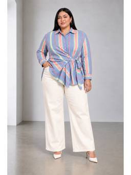 Beyond the Curve - VIRGIO - Blue Striped Cotton Tie Up Wrap Plus Size Shirt