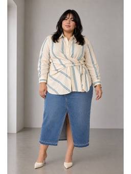 Beyond the Curve - VIRGIO - Cream Striped Cotton Tie Up Wrap Plus Size Shirt