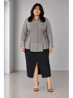 Beyond the Curve - VIRGIO - Grey Striped Cotton Plus Size Shirt