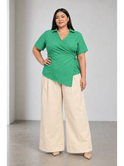 Beyond the Curve - VIRGIO - Green Solid Cotton Wrap Style Plus Size Shirt