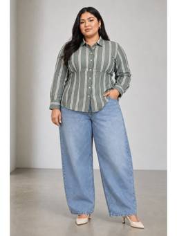 Beyond the Curve - VIRGIO - Green Striped Cotton Tailored Waist Cinch Plus Size Shirt
