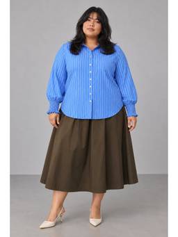 Beyond the Curve - VIRGIO - Blue Striped Classic Smocked Cuff Stripe Plus Size Shirt