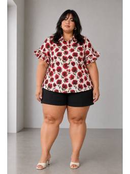 Beyond the Curve - VIRGIO - Red Printed Poppy Print Buttonfront Frill Sleeve Plus Size Shirt