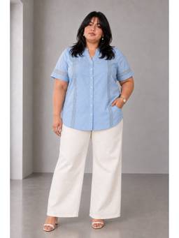 Beyond the Curve - VIRGIO - Blue Solid Light Blue Oxford Lace Detail Plus Size Shirt