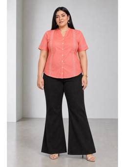 Beyond the Curve - VIRGIO - Orange Solid Light Orange Oxford Lace Detail Plus Size Shirt