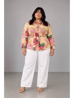 Beyond the Curve - VIRGIO - Yellow Floral Cotton Smocked Waist Plus Size Shirt