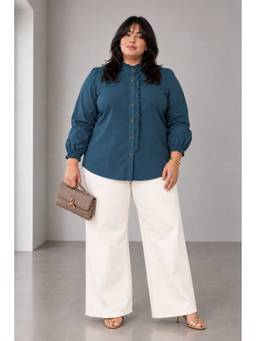 Beyond the Curve - VIRGIO - Teal Solid Cotton Plus Size Shirt