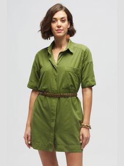 TERRA LUNA - Ariara Khadi Pocket Olive Mini Dress With Belt
