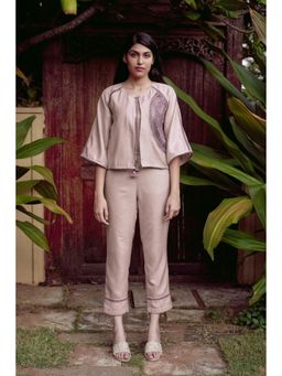 Kaveri - Mauve Linen Blend Round Neck Jacket With Pant