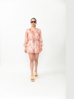 Contemponari - Peach Floral Chiffon Ruffle Playsuit