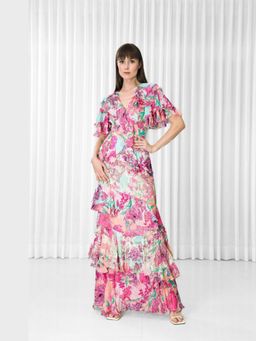 MANDIRA WIRK - Women Pink Hibiscus Printed Brasso And Chiffon Ruffled Dress