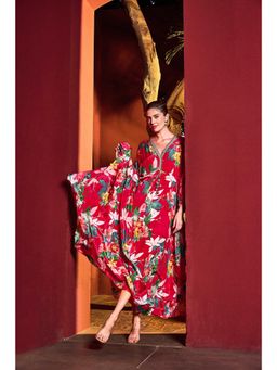 MANDIRA WIRK - Women Red Blossom Asymmetrical Kaftan Dress