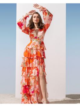 MANDIRA WIRK - Women Orange Chiffon Printed Tiered Dress