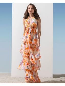 MANDIRA WIRK - Women Chiffon Orange Printed Halter Tiered Dress