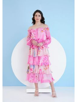 MANDIRA WIRK - Women Pink Pastoral Mist Tiered Midi Dress