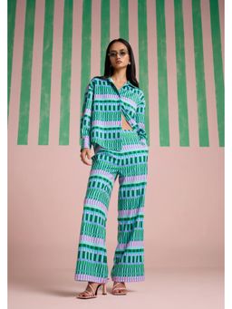 Muvazo - Green Polyester Geometric Shirt With Pant